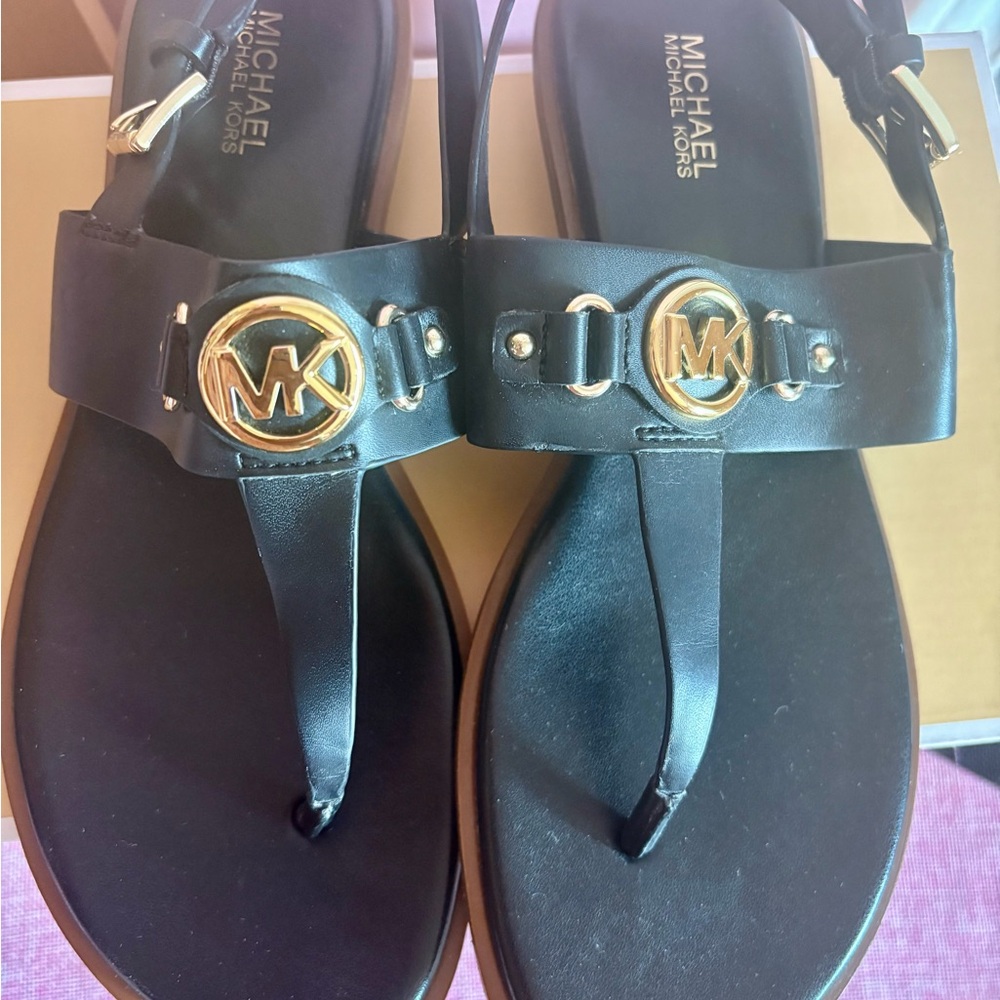 Michael Kors Black Sandals with Gold Logo